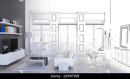 Interior sketch. 3d illustration Stock Photo - Alamy
