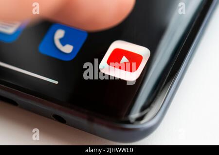 The logo of youtube - a popular application for watching videos on a smartphone. Barnaul. Russia June 20, 2022 Stock Photo