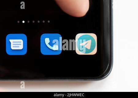Barnaul. Russia June 20, 2022: Telegram application icon on smartphone screen close-up. Telegram app icon with copy space Stock Photo
