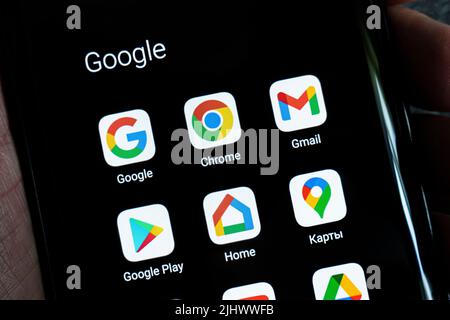 Barnaul. Russia. June 21 2022: Google apps icons on screen. Google LLC is an American multinational technology company that specializes in Internet-re Stock Photo