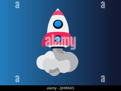 Illustration of a 3d cartoon rocket launching. Red and white rocket with smoke on launch. Concept for business startup, ideation and product la Stock Photo