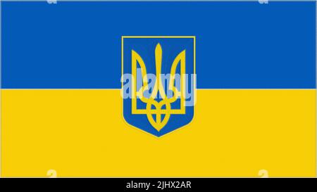Ukraine embroidery flag with coat of arms. Ukrainian emblem stitched fabric. Embroidered country symbol textile background. Stock Photo