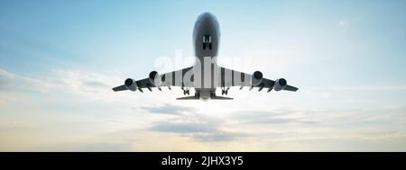 Conceptual flying white passenger jetliner, commercial plane after take off rising over a beautiful sky background. 3D illustration for jet transport Stock Photo