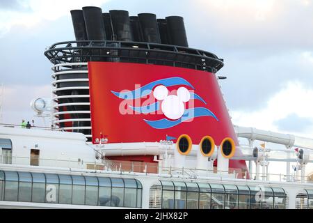 Funnel of Disney Dream cruise ship moored in port of Nassau, Bahamas Stock Photo