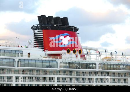 Funnel of Disney Dream cruise ship moored in port of Nassau, Bahamas Stock Photo