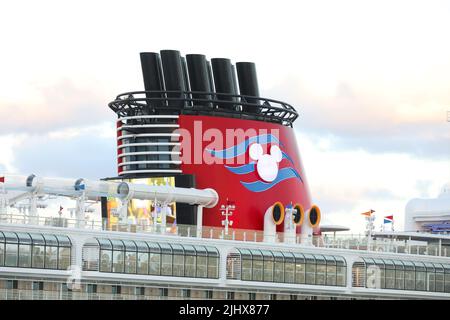 Funnel of Disney Dream cruise ship moored in port of Nassau, Bahamas Stock Photo