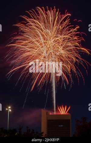July 14 fireworks fired from a building Stock Photo