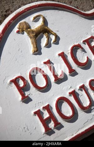 Village of Eccleston, England. Picturesque close up view of an Eaton Estate house name plaque (Police House) on Hill Road. Stock Photo