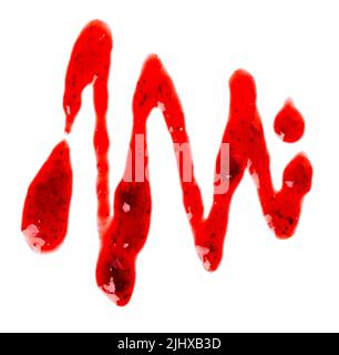 Strawberry jam drizzle isolated on white background. Splashes of berry confiture. Top view Stock Photo