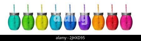Set of glasses Mason jar tumblers on a white surface. Tumblers isolated on white background. Stock Photo