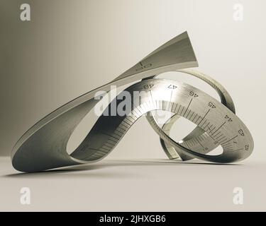 An surreal concept of a curled and twisted up industrial steel ruler ...