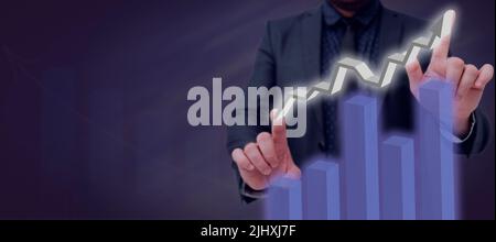 Businessman With Hands Displaying Data Graphs And Showing Crucial Information With Futuristic Design. Man In Suit Presenting Important Data Charts And Stock Photo