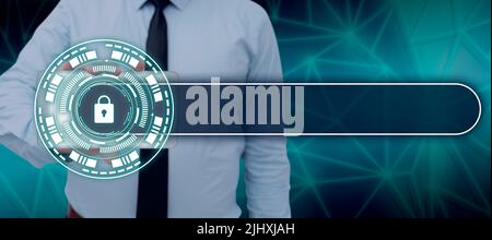 Businessman Holding Smartphone Showing Futuristic Shield Protected Lock Presenting Modern Technology. Man With Cellphone Introducing Ideas For Data Stock Photo