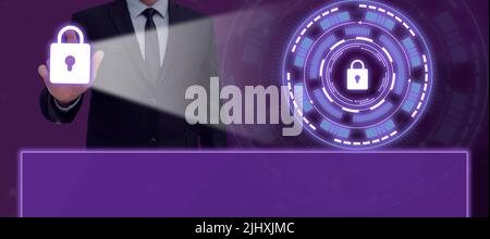 Businessman Pointing Finger And Projecting The Lock In A Glowing Futuristic Frame. Man In A Suit Showing Secured Messages And Encrypted Data In A Stock Photo