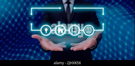 Businessman Holding Futuristic Design Over Hands And Showing Crutial Announcements. Man In Suit Having Frame Above Palms And Presenting Important Stock Photo
