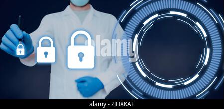 Doctor Holding Pen And Pointing On Digitally Generated Padlocks By Graphical Circle. Scientist Wearing Lab Coat And Glove Presenting Information On Stock Photo
