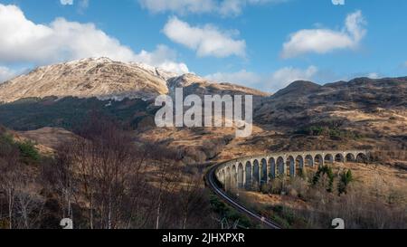 Scottish landscape and winter walks: Snow on the tracks of the Glenfinnan Viaduct, Scotland Stock Photo