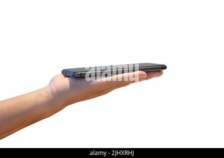 man holding mobile smartphone isolated on white background.business technology network application electronic. Stock Photo
