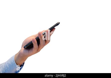 close up hand holding smartphone isolated on white background. Stock Photo