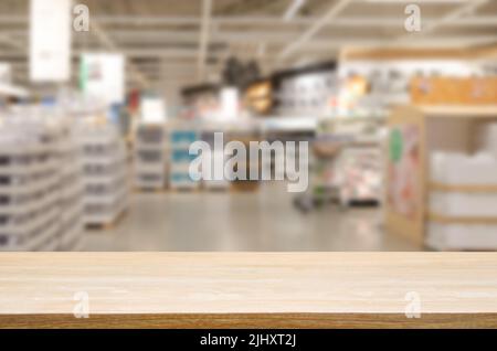 wood table top shelf product counter blank good blur background shopping mall business display. Stock Photo