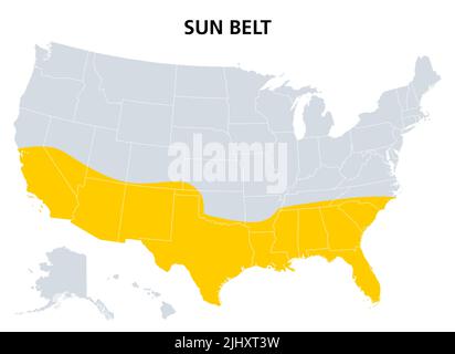 Sun Belt of the United States, political map. Region with desert, subtropical and tropical climate, comprising the southernmost states. Stock Photo