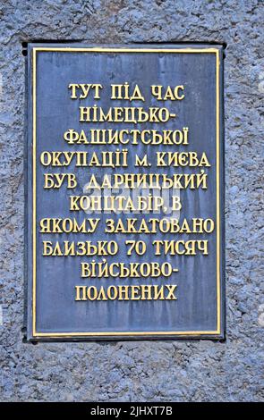 Memorial board devoted to about 70,000 people were tortured in Darnitsky concentration camp for Soviet prisoners of war, Kiev, Ukraine. Stock Photo
