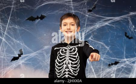 boy in halloween costume of skeleton Stock Photo