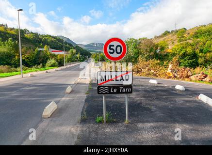 Millau France Road Sign . Highway in Millau town  in the Aveyron department in the Occitanie region in Southern France Stock Photo