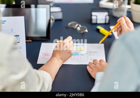 business team with gadgets working at office table Stock Photo