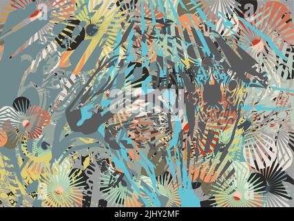 Colorful grunge textured background with animal and floral motifs for textiles or prints. Exotic seamless pattern for fabric, fashion trends, interior Stock Photo