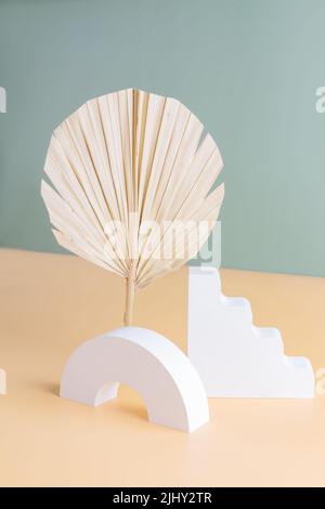 Podium with dry palm branches for product presentation. Abstract minimal geometrical form on beige background. Showcase with soft shadow. Scene, displ Stock Photo
