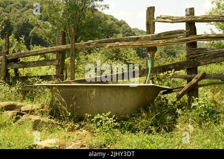 Bathtub placed in countryside and used as spring water trough, exilles,  Italy Stock Photo - Alamy