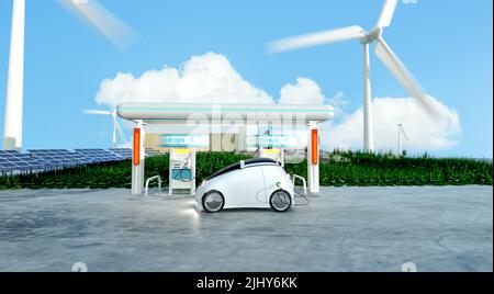 hydrogen power car with hydrogen station, green hydrogen and renwable power concept, 3d illustration rendering Stock Photo