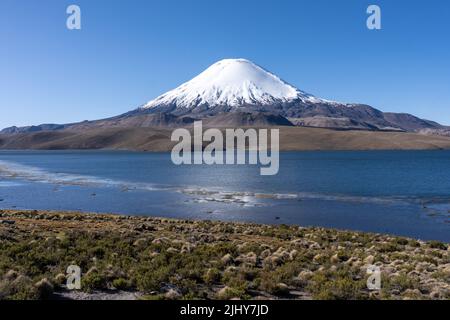 Parinacota Volcano and Lake Chungara on the high Andean altiplano in Lauca National Park in Chile. Stock Photo