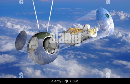Eject from Vostok-1 spacecraft capsule ifographics cutaway. 3D rendering Stock Photo