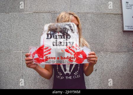 London, England, UK. 21st July, 2022. A protester holds a sign linking the dairy industry to the badger cull. Activists gathered outside DEFRA (The Department for Environment, Food and Rural Affairs) in protest against the ongoing badger cull, which is part of the UK Government's policy against the spread of bovine tuberculosis. Scientists and activists insist that the killing of the wild animals is unnecessary, cruel, and ineffective against the spread of bovine TB. (Credit Image: © Vuk Valcic/ZUMA Press Wire) Stock Photo