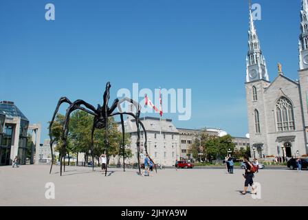 Maman by Louise Bourgeois is a bronze, stainless steel, and marble sculpture displayed outside of the entrance to the National Gallery of Canada in On Stock Photo