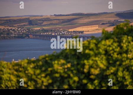 Dundee, UK. June 2022. View of Tay Rail Bridge from The Dundee Law, Law Hill in summer with River Tay and Fife to background.
