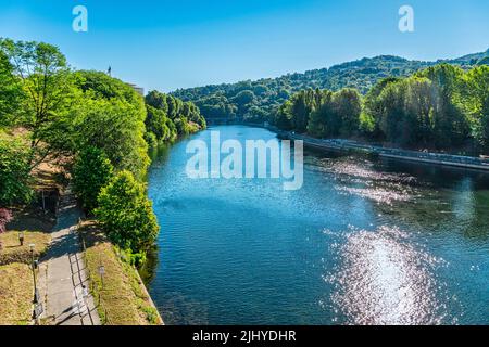 Pedestrian paths along the banks of the Po in Turin at the Parco del Valentino. Turin, Turin province, Piedmont, Italy, Europe Stock Photo