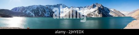 Panoramic view of the El Yeso Dam Artificial Reservoir Stock Photo