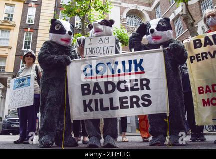 London, UK. 21st July 2022. Activists gathered outside DEFRA (The Department for Environment, Food and Rural Affairs) in protest against the ongoing badger cull, which is part of the UK Government's policy against the spread of bovine tuberculosis. Scientists and activists insist that the killing of the wild animals is unnecessary, cruel, and ineffective against the spread of bovine TB. Credit: Vuk Valcic/Alamy Live News Stock Photo