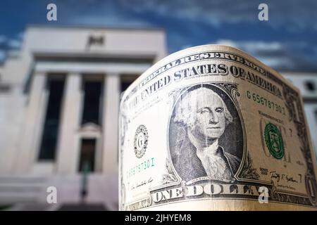 dollars on the background Federal Reserve Building in Washington DC, United States, FED Stock Photo