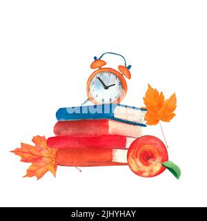 Back to school illustration: books, alarm clock, apple and maple leafs. Watercolor illustration, isolated white background, hand drawn. Perfect for ca Stock Photo