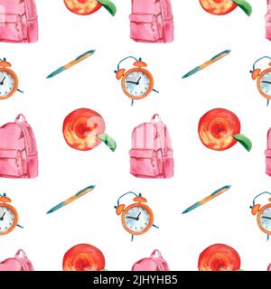 Back to school pattern: pen, orange alarm clock, red apple and pink backpack. Watercolor illustration, isolated white background, hand drawn. Perfect Stock Photo