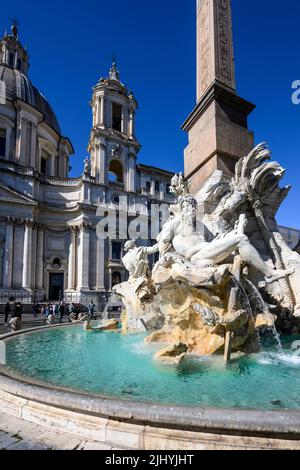 Fontana dei Quattro Fiumi  (Fountain of the Four Rivers),   designed by Gian Lorenzo Bernini in 1651. in the Piazza Navona. Rome, Italy Stock Photo