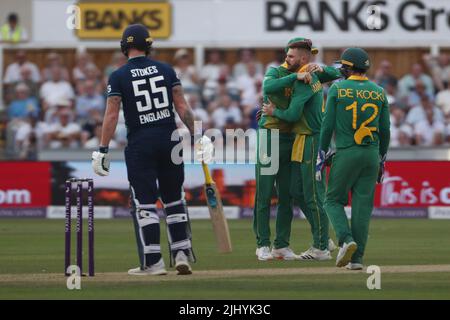 England's Ben Stokes is trapped LBW by Aiden Markram during the Royal London One Day Series match between England and South Africa at the Seat Unique Riverside, Chester le Street on Tuesday 19th July 2022. (Credit: Mark Fletcher | MI News) Credit: MI News & Sport /Alamy Live News Stock Photo