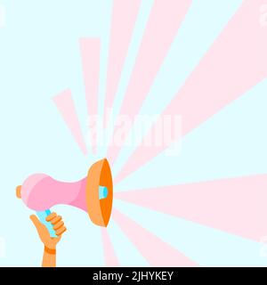 An illustration of Hand Holding Megaphone With Sun Ray Making Announcement Stock Photo
