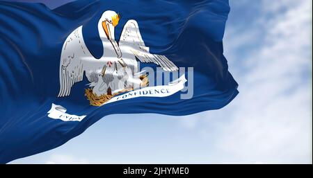 The US state flag of Louisiana waving in the wind. Louisiana is a state in the Deep South and South Central regions of the United States. Democracy an Stock Photo