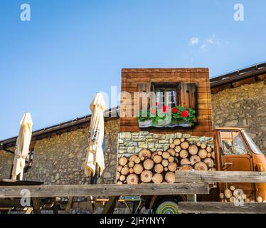 The mountain hut - Malga Romeno, at the feet of the Mount Roen, italian dolomites - Trentino Alto Adige, northern italy - Stock Photo