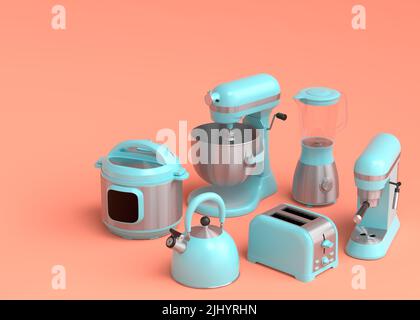 Electric kitchen appliances and utensils for making breakfast on violet  background. 3d render of kitchenware for cooking, baking, blending and  whippin Stock Photo - Alamy